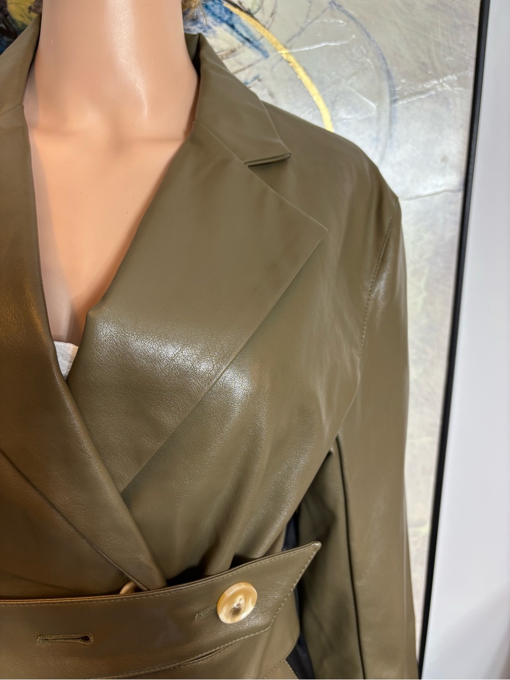 Olive Green Faux Leather Belted Trench Blazer - Picture 6 of 16